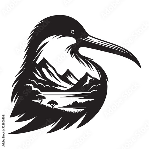 silhouette of Frigatebird filled with mountain and nature view in rough drawing