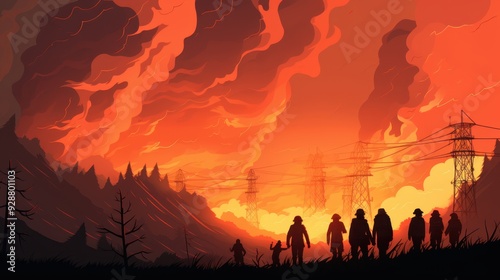 Silhouette of survivors leaving the burning city behind on foot. Chaos and end of the world concept.