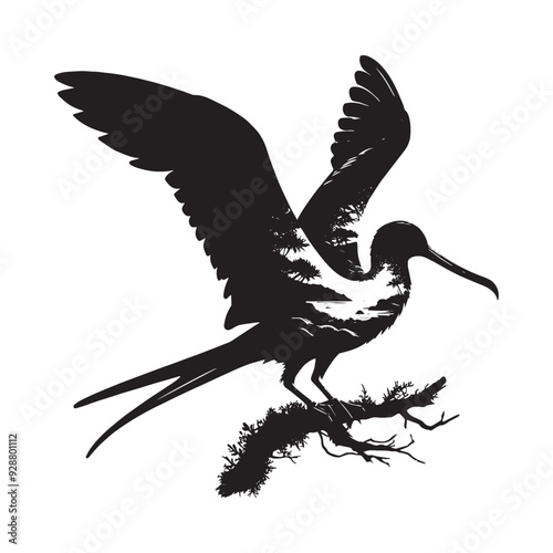 silhouette of Frigatebird filled with nature view in rough drawing
