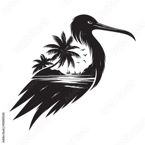 silhouette of Frigatebird filled with ocean beach view with palm tree in rough drawing