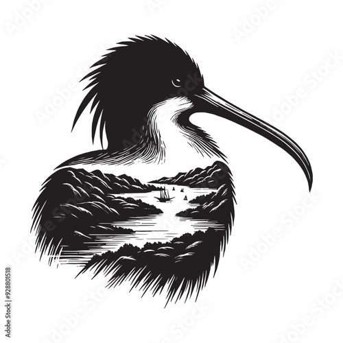 silhouette of Frigatebird filled with river view in rough drawing
