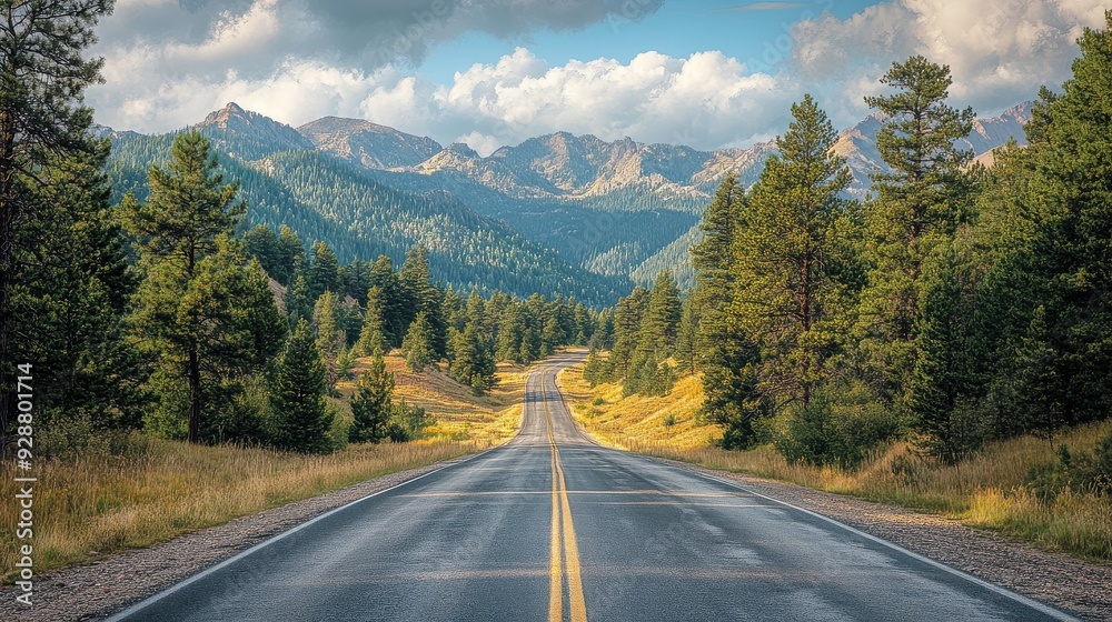 Fototapeta premium Road with a distant view of mountains, pine trees framing the scene, majestic and vast.