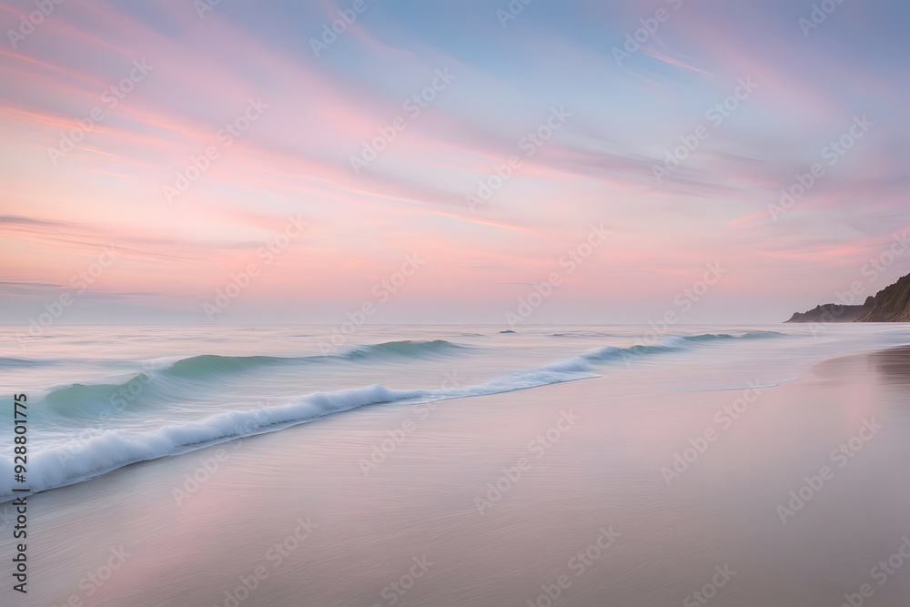 A peaceful beach at dawn with soft pastel colors in the sky and gentle waves on the shore, AI Generated A peaceful beach at dawn with soft pastel colors in the sky and gentle waves on the shore, AI Generated