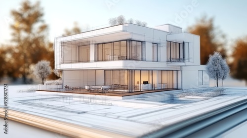 vision of architecture of a 3d model house project with blueprint