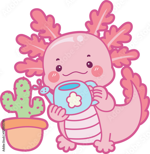 Illustration of cute axolotl activities icon.
Funny pink axolotl in daily routine stickers.