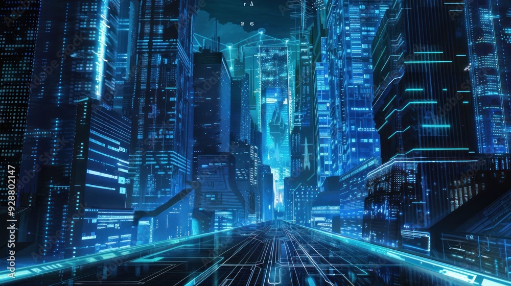 Fototapeta premium Cyberpunk Cityscape with Neon Lights