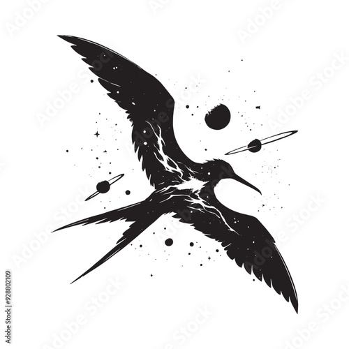 silhouette of Frigatebird filled with space and sci-fi element in rough drawing