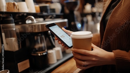 A person stands in a cafe, holding a disposable coffee cup in one hand and a smartphone in the other, engaged with the device.