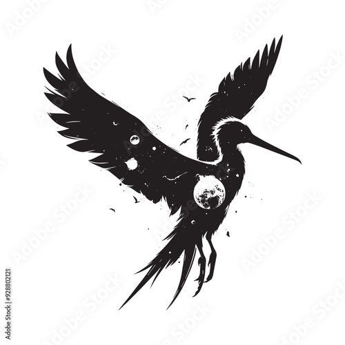 silhouette of Frigatebird filled with space and sci-fi element in rough drawing