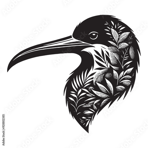 silhouette of Frigatebird filled with tropical plant in the jungle in rough drawing