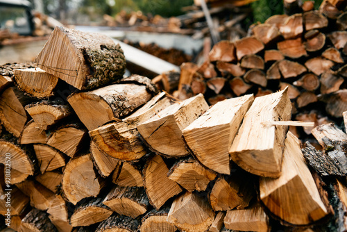 Cuadro en lienzo large stack of firewood with axe resting on top in rustic outdoor setting