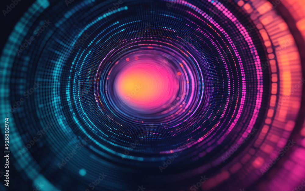 A vibrant circular digital data tunnel with glowing neon lights in blue, purple, and orange colors, showcasing futuristic technology and connectivity. A vibrant circular digital data tunnel with glowing neon lights in blue, purple, and orange colors, showcasing futuristic technology and connectivity.