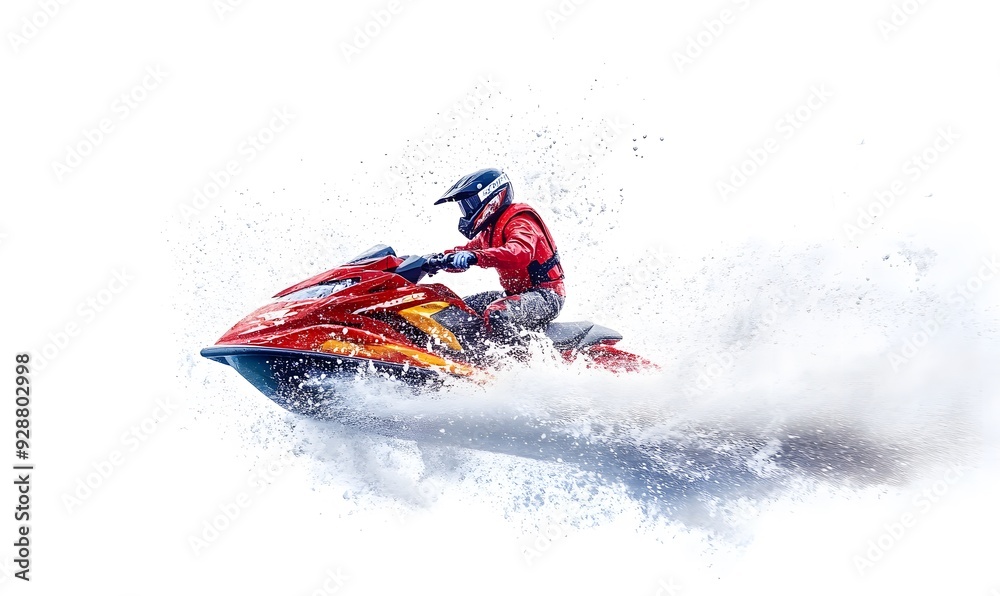 jet skier making a sharp turn with water splashing around, set against a stark white background. jet skier making a sharp turn with water splashing around, set against a stark white background.