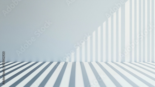 Abstract minimalism with light and shadow creating striped patterns on a white surface. Modern, clean design with geometric lines.