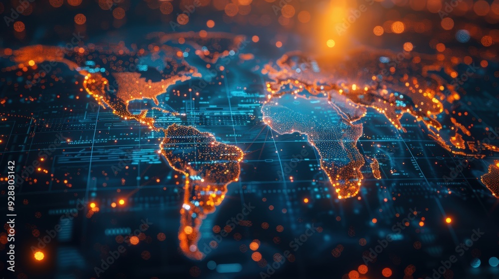 A digital world map with glowing lights A digital world map with glowing lights