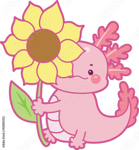 Illustration of cute axolotl activities icon.
Funny pink axolotl in daily routine stickers.