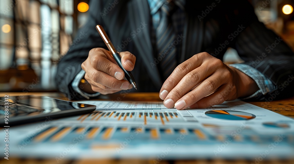 Obraz premium Closeup of a businessman's hand analyzing charts and graphs with a pen in hand.