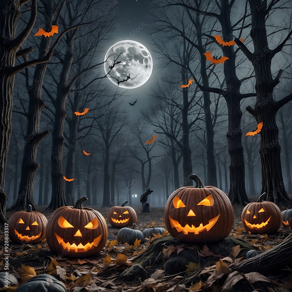A spooky Halloween scene with carved jack-o'-lantern pumpkins glowing in a dark, eerie forest. The full moon shines in the background with flying bats and leafless trees.