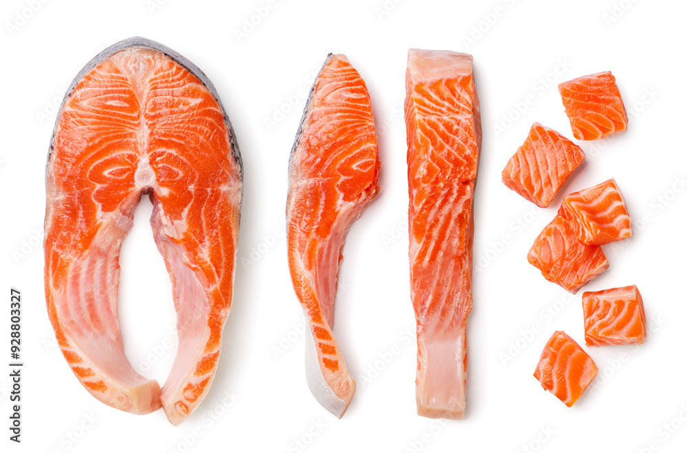 Salmon pieces close-up on white background. Top view Salmon pieces close-up on white background. Top view