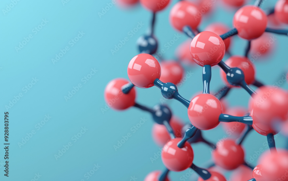 A detailed of a molecular structure with interconnected red and blue atoms on a blue background, representing scientific research and chemistry. A detailed of a molecular structure with interconnected red and blue atoms on a blue background, representing scientific research and chemistry.