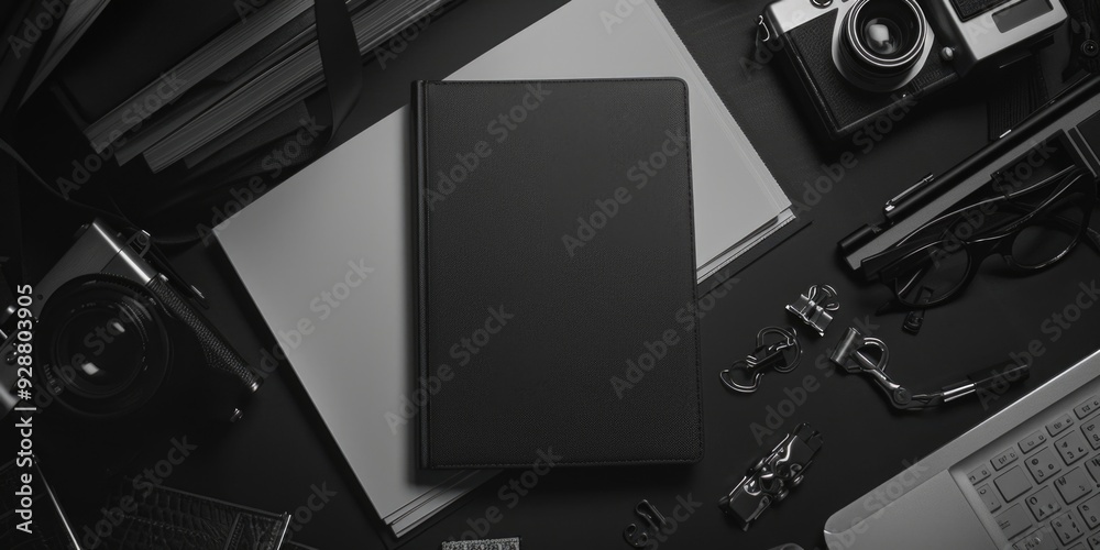 Obraz premium A black and white photo of a desk with various office supplies including a notebook and camera
