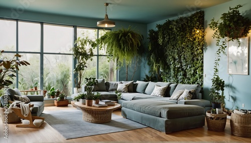 Sala de una casa autosustentable. Muro vegetal. 