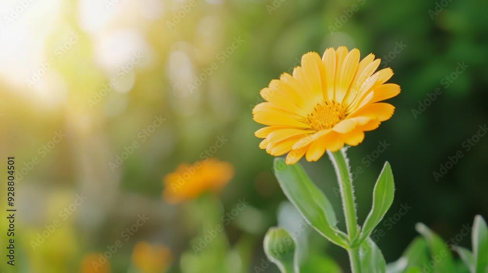 A yellow flower is in the foreground of a green background A yellow flower is in the foreground of a green background
