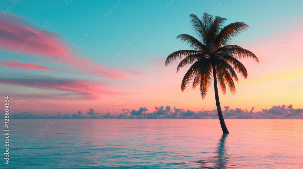 A serene tropical sunset with a lone palm tree reflected on the tranquil ocean waters under a vibrant sky. Perfect for travel and relaxation themes. A serene tropical sunset with a lone palm tree reflected on the tranquil ocean waters under a vibrant sky. Perfect for travel and relaxation themes.