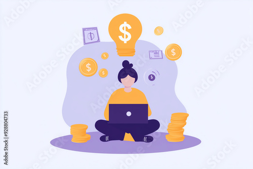 person sitting on the ground with their laptop, surrounded by coins, dollar bills. Above them is icon ideas in thought bubbles. color should be a light purple to create contrast characters ,elements. photo