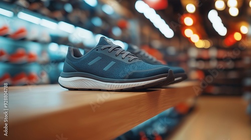 Close-up of gray running shoes on a shelf in a brightly lit modern store, with blurred background. photo