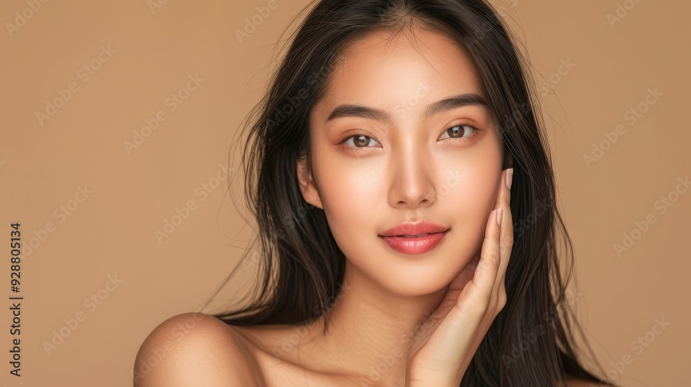 Fototapeta premium Young Asian beauty woman with straight long hair a 101 woman, beauty, face, hair, model, fashion, eyes, brunette, smile, people, makeup, black, make-up, head, skin, smiling, closeup, person, long, br