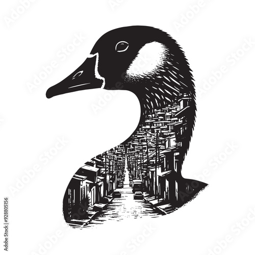 silhouette of Goose filled with ghetto street in rough drawing