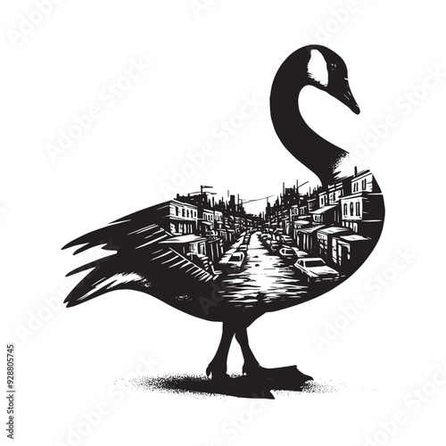 silhouette of Goose filled with ghetto street in rough drawing