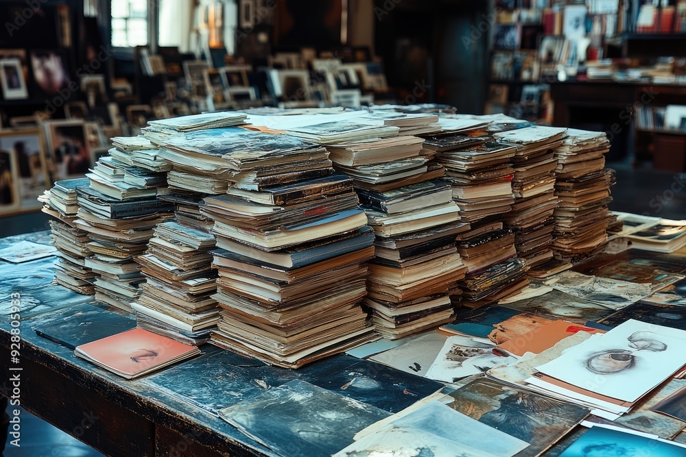 A Large Stack of Old Books and Paper on a Wooden Table A Large Stack of Old Books and Paper on a Wooden Table