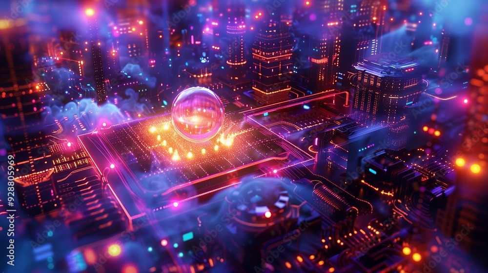 A futuristic city skyline with glowing neon lights, futuristic buildings, and a transparent orb in the center. A futuristic city skyline with glowing neon lights, futuristic buildings, and a transparent orb in the center.