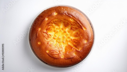 On a white Backgroundtop view of a baked round cake photo