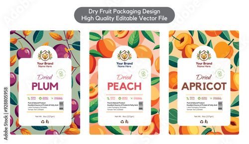 Dry fruit label design, Dried Plum label Peach Dried Apricot label design sticker design for packaging standup pouch editable print ready vector template file illustration download