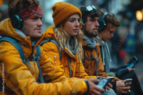 A group of young friends in warm jackets and beanies sits together, each engaged with their electronic devices, showing a modern social setting.