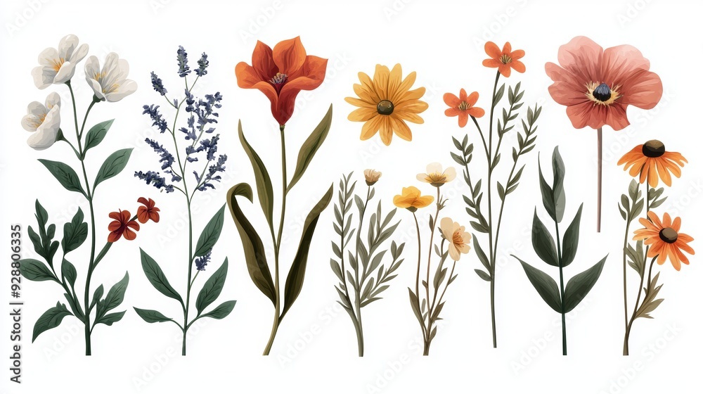 A row of flowers with a variety of colors and sizes A row of flowers with a variety of colors and sizes