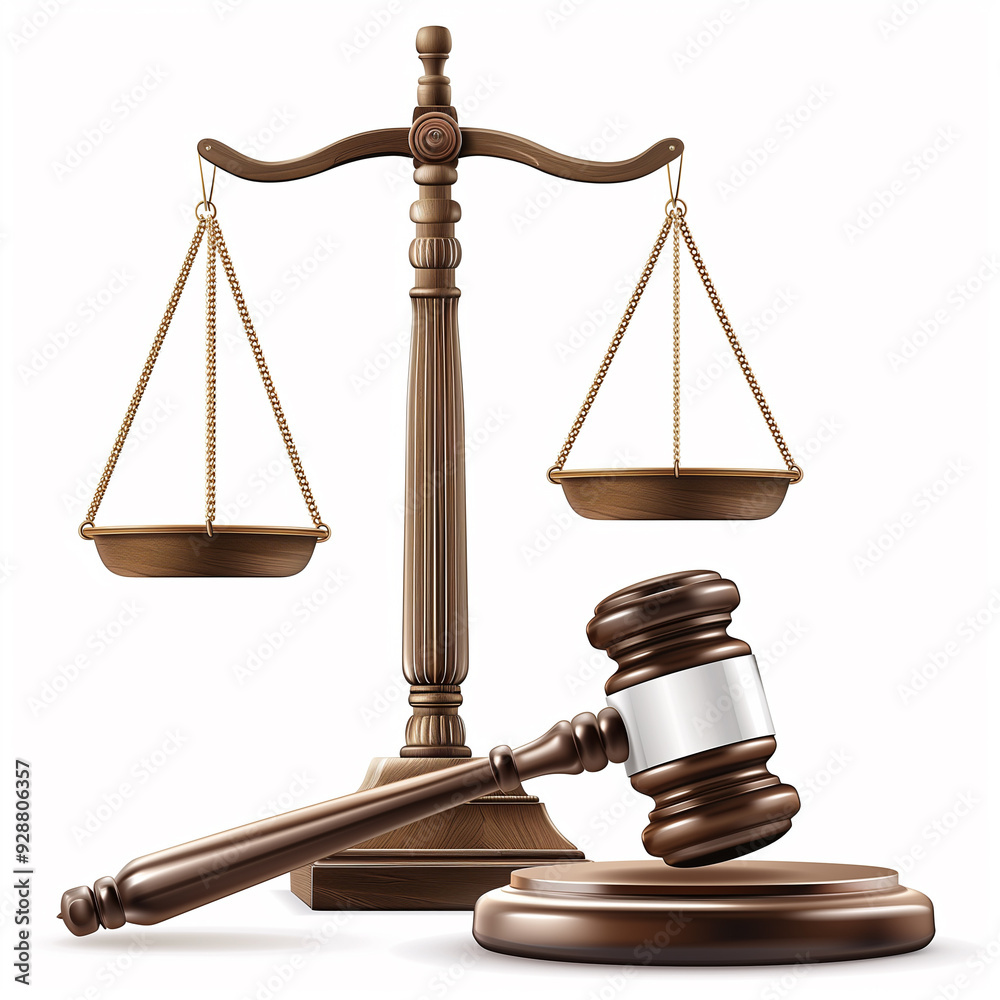 Scales of justice and gavel in a legal concept illustration on white background