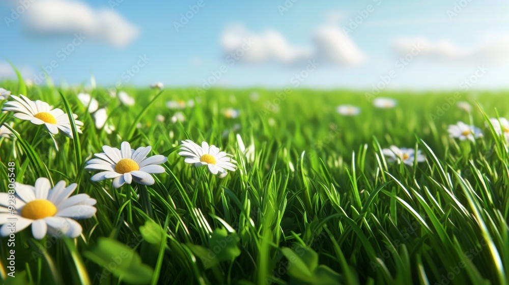A field of white flowers with a blue sky in the background A field of white flowers with a blue sky in the background