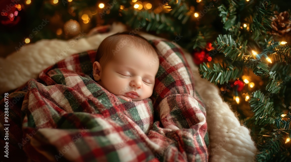 Serene Newborn Baby Sleeping Peacefully by Christmas Tree Lights Serene Newborn Baby Sleeping Peacefully by Christmas Tree Lights