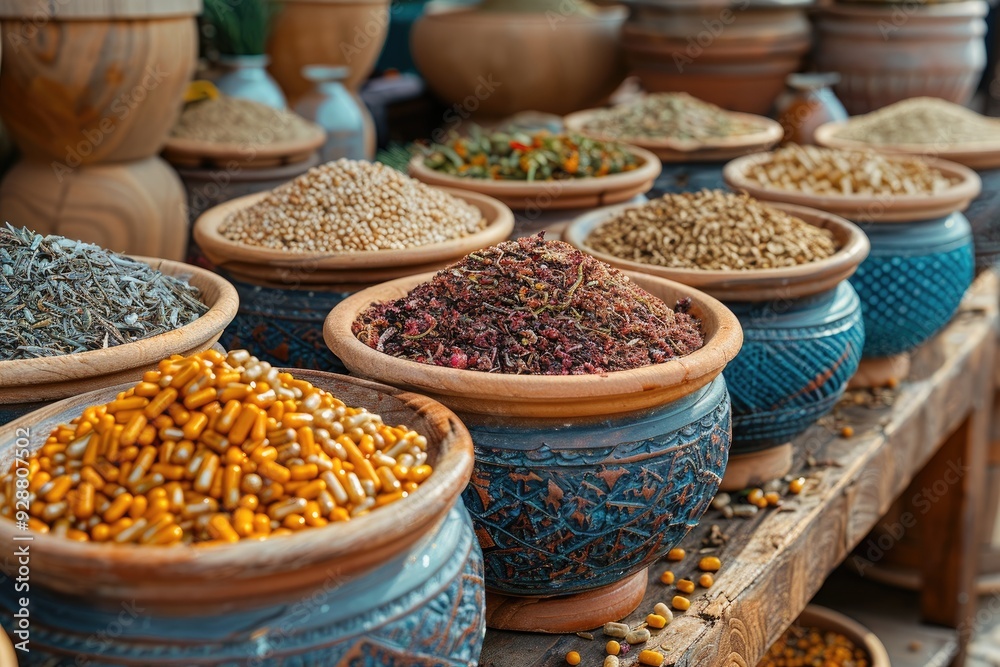 Assortment of Dried Herbs and Spices in Clay Bowls at a Market Stall Assortment of Dried Herbs and Spices in Clay Bowls at a Market Stall