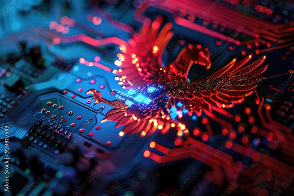 A close-up shot of a circuit board featuring a bird perched on top, great for tech or nature-inspired designs A close-up shot of a circuit board featuring a bird perched on top, great for tech or nature-inspired designs
