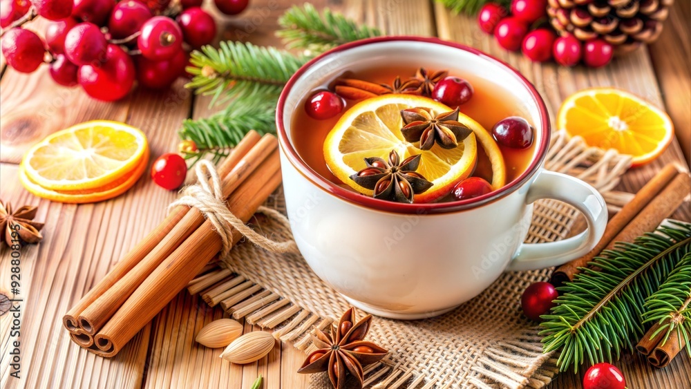 Holiday hot cider with citrus and cranberries in cozy winter setting Holiday hot cider with citrus and cranberries in cozy winter setting