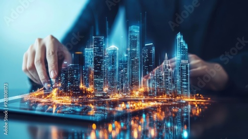 Fototapeta Naklejka Na Ścianę i Meble -  Ai enhanced urban planning  sustainable smart city development with digital tablet design