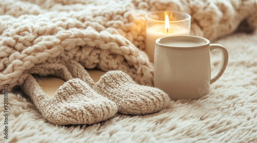 Wallpaper Mural A pair of warm knitted slippers rests on a fluffy blanket next to a lit candle and a steaming cup of tea, creating a serene indoor atmosphere. Torontodigital.ca