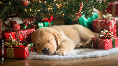 Sleepy Puppy Amidst Christmas Gifts Under Festive Tree