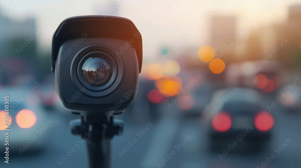 Close-up of security camera capturing bustling urban street with defocused car lights, depicting modern surveillance technology in city environment. Close-up of security camera capturing bustling urban street with defocused car lights, depicting modern surveillance technology in city environment.