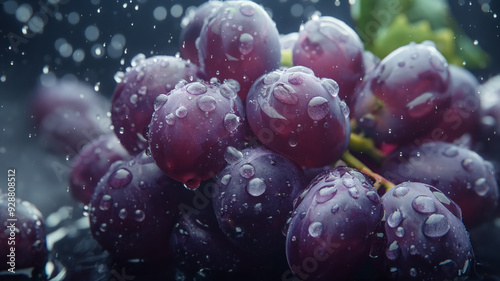 grapes with water droplets and leaves in a harvest-themed, horizontal format, photorealistic, JPG, illustration. Generative ai